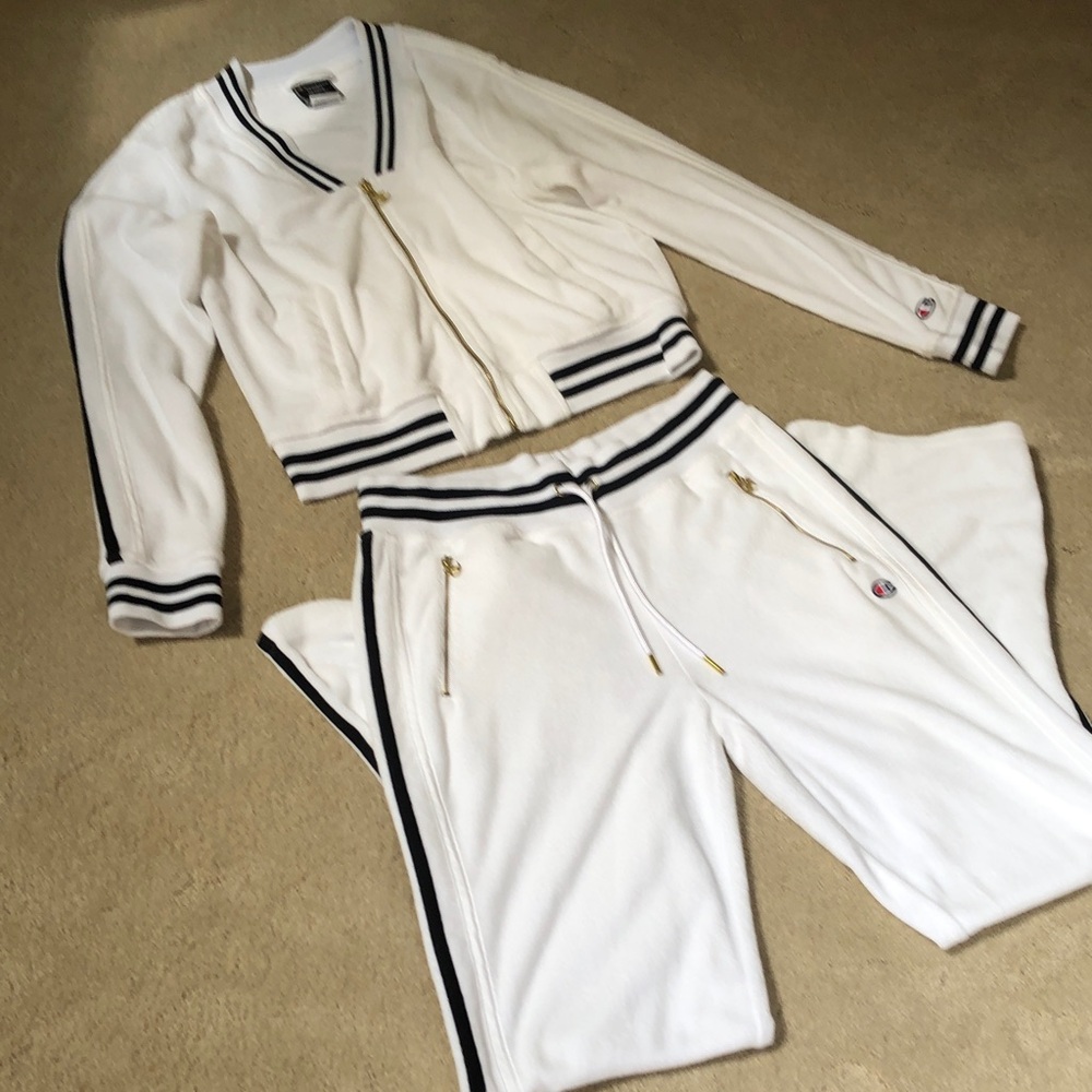Champion White Track Suit with Black Accents.